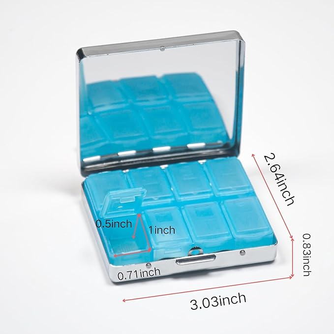 Pill Organizer Box with Mirror,8 Compartment Chrome Pill Case, Pocket-Size Travel Pill Container for Vitamins, Seniors, Daily Use,Rectangle 7 Days Pill Box Pill Case (Black Skull)