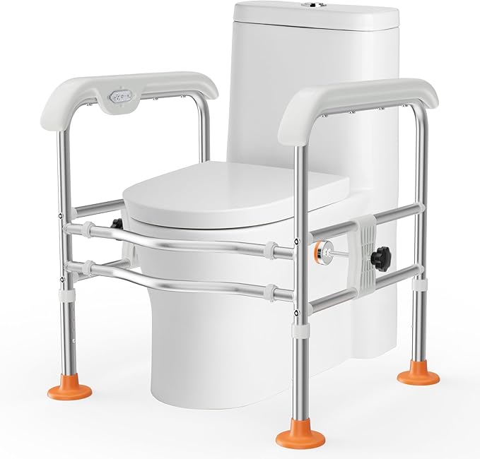 Heavy Duty Toilet Safety Rails for Seniors (665lbs), Adjustable LED Toilet Safety Frame with Handles for Elderly, Foldable Handicap Toilet Aid Support for Most Toilets, Stand Up Assist