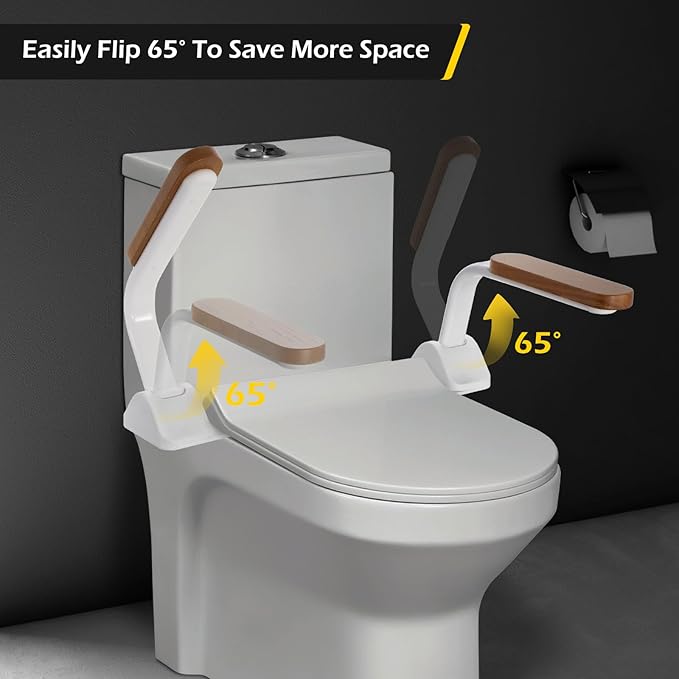 Dyna-Living Toilet Safety Rails 480lbs Toilet Safety Frame with Flip Up Non-Slip Wooden Armrest Handicap Toilet Rails, Toilet Assist Devices for Seniors Toilet Support Bars Toilet Riser for Elderly