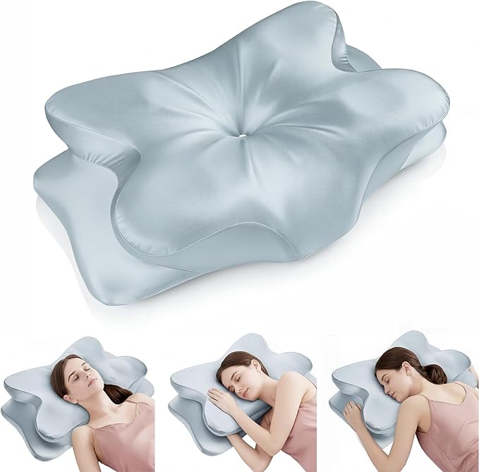 Cervical Neck Pillow for Neck Pain Relief,Ergonomic Memory Foam Contour Pillow with Wrinkle-Resistant Silky Satin Fabric Cover,Orthopedic Bed Pillow for Side,Back,Stomach Sleepers,Blue