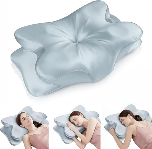Cervical Neck Pillow for Neck Pain Relief,Ergonomic Memory Foam Contour Pillow with Wrinkle-Resistant Silky Satin Fabric Cover,Orthopedic Bed Pillow for Side,Back,Stomach Sleepers,Blue