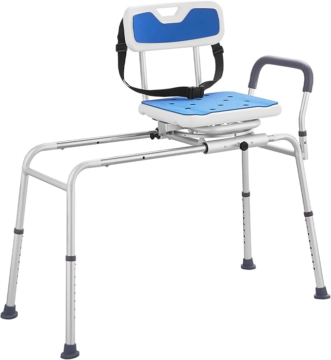 VEVOR Sliding Tub Transfer Bench with 360 Degree Swivel Seat, Height Adjustable Bathtub Transfer Bench with Armrest & Safety Belt, Non-Slip Rotating Shower Chair for Elderly Disabled, 400LBS Capacity