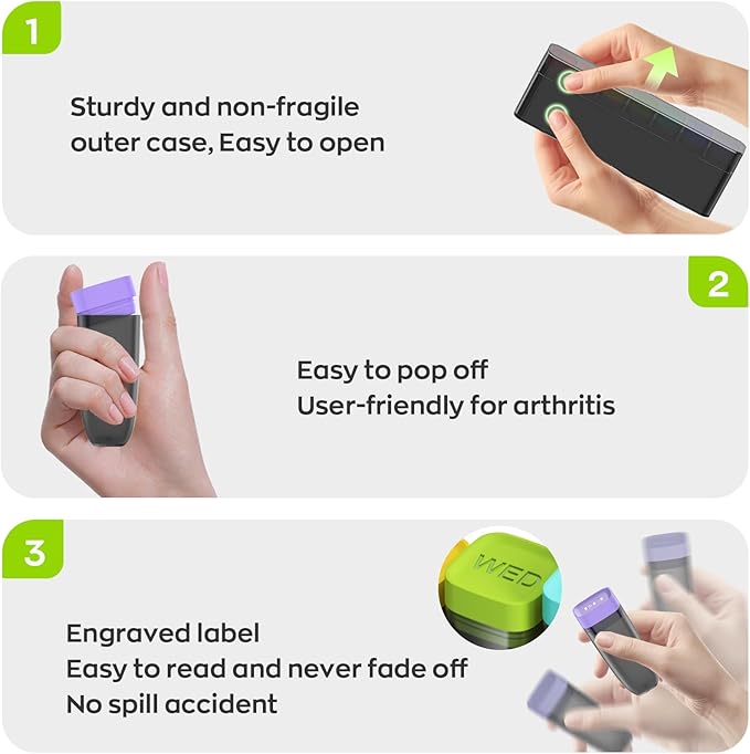 Weekly Pill Organizer 1 Time a Day, HIONXMGA Portable Travel Pill Box 7 Day, Large Once Daily Pill Case Holder, Color-Coded Pills Container Dispenser for Medication Vitamin Supplement Fish Oil, Black