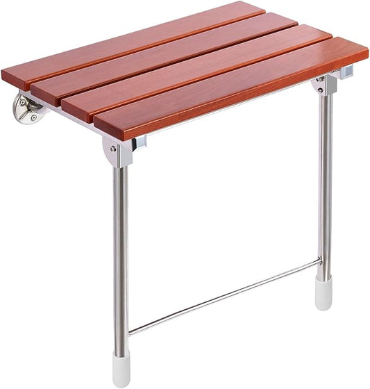 Folding Shower Seat Wall Mounted with Legs, Foldable Shower Chair for Inside Shower, Fold Down Shower Bench for Seniors (Wood, Fixed Height Plus)
