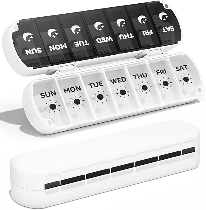 Weekly Pill Organizer 2 Times a Day, Moisture-Proof 7 Day Pill Box AM PM, Foldable Travel Medicine Organizer with Magnetic Closure for Vitamins, Supplements and Fish Oils