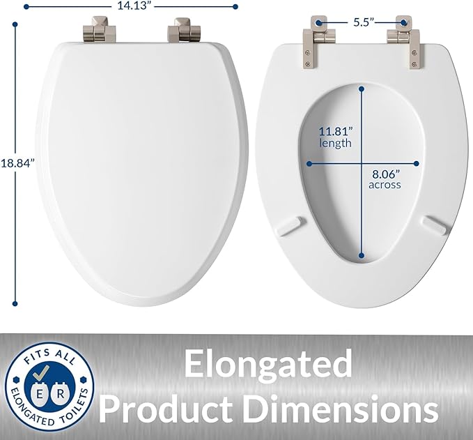Mayfair Bennett Toilet Seat with Brushed Nickel Hinges, Slow Close Wood Seat, Secure Metal Hinges, Easy Install, Elongated, White