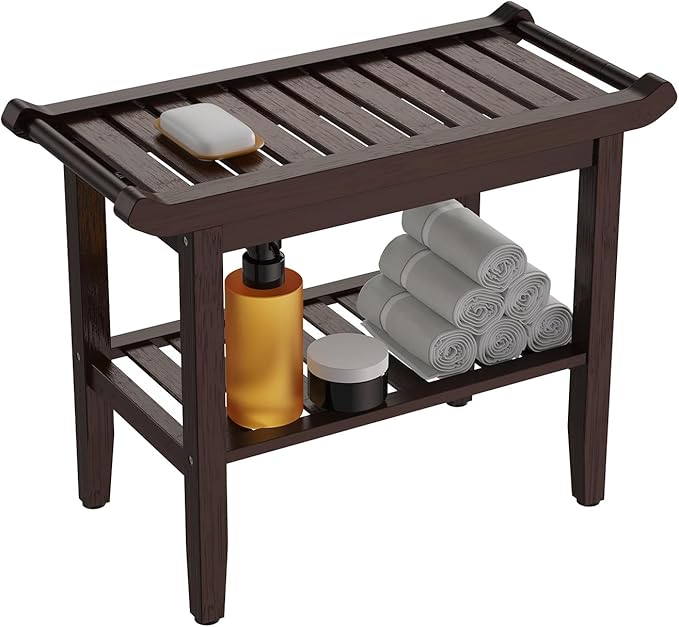 24 in Bamboo Shower Bench for Inside Shower to Sit on,Waterproof Shower Stool for Shaving Legs,Spa Bathroom Shower Chair with Storage Shelf, Bathroom Bench Seat for Senior Adult Disabled Elderly
