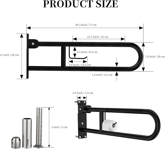Toilet Grab Bar 30.3 Inch, YuanDe Flip Up Grab Bar with Paper Holder,Matte Black Anti-Slip Safety Bars for Toilet, Stainless Steel Knurled Toilet Handles for Seniors Disabled Elderly Pregnant