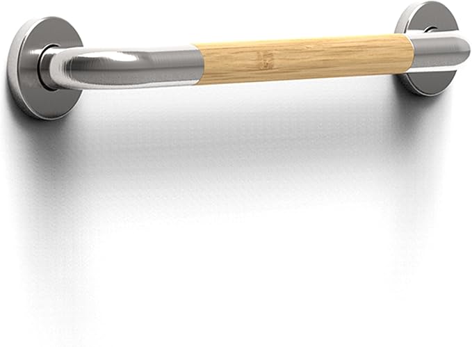 Safety Grab Bar for Bathroom & Toilet, Natural Bamboo Handle, ADA Compliant Balance Assist Handrail for Handicap and Seniors, 18in Brushed Nickel