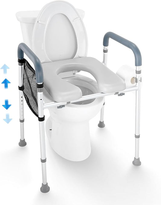 VEVOR Raised Toilet Seat, 7-Position Height Adjustment 19.3" - 25.2", 350lbs Weight Capacity, with Comfort Padded Aluminum Frame, Universal Toilet Seat Riser, for Elderly, Handicap, Pregnant, Medical