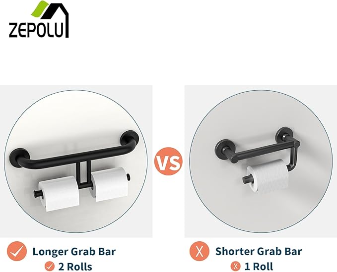 Black Handicap Grab Bar w/Toilet Paper Roll Holder, Zepolu 2-in-1 Safety Assist Bar Balanced Support Handle 17 Inch, Stainless Steel Wall Mounted Bathroom Toilet Grab Bar for Senior Elderly Disabled