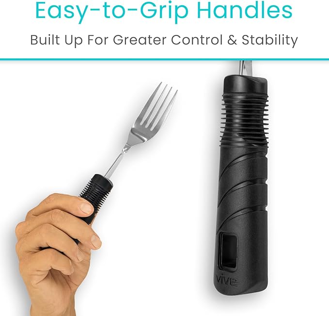 Vive Adaptive Utensil Set - Arthritis Aid Silverware for Parkinsons, Hand Tremors - Easy Grip for Shaking and Trembling Hands - Heavy Stainless Steel Spoon (Bendable)