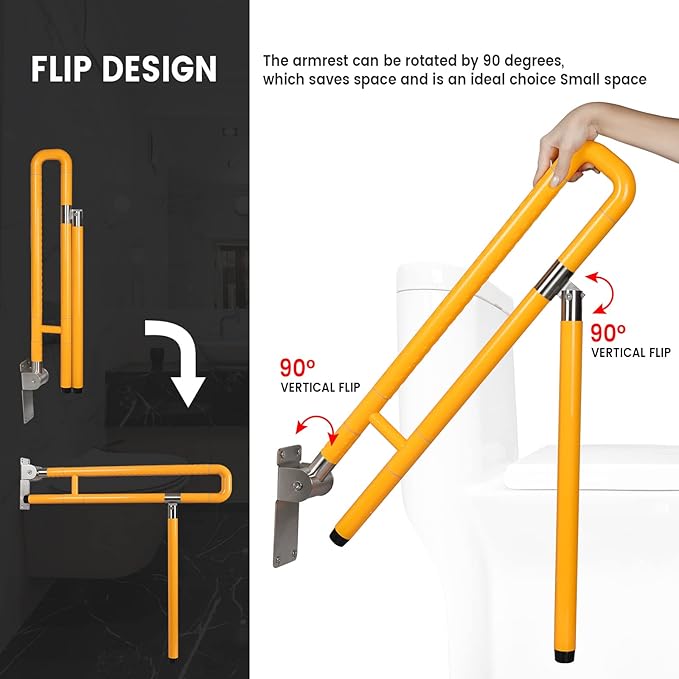 Handicap Grab Bars Rails, 29.5 Inch Foldable Toilet Bar Flip Up Arm Rails with Anti-Slip Grip Shower Assist Aid Safety for Elderly Pregnant Women Disabled Bar (Yellow)