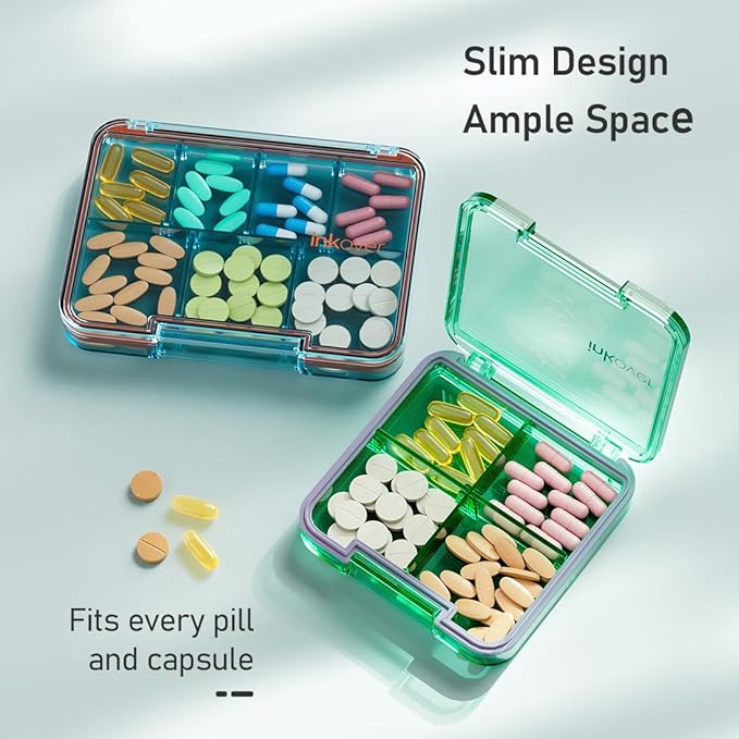 Small Pill Organizer, Waterproof & Portable Pill Case for Daily Travel - Adjustable 7 Compartments Compact Medicine Holder for Vitamins, Pills, Perfect for Purse or Pocket (Pink)