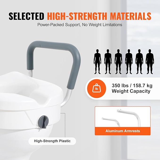 VEVOR Raised Toilet Seat, 5" Height Raised, 350 lbs Weight Capacity, for Round and Elongated Toilet, Twist Lock Installation,19.1" - 21.7" Adjustable Width, for Elderly, Handicap, Patient, Pregnant, M
