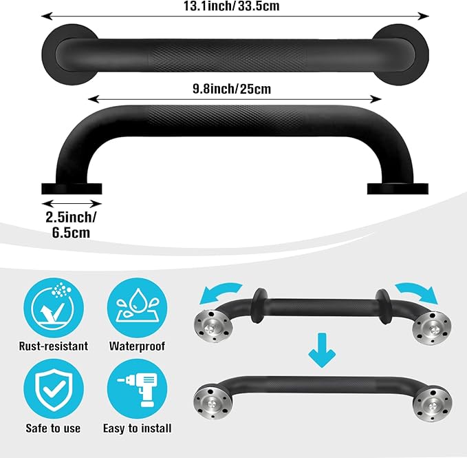 Shower Grab Bar, Anti-Slip Safety Grab Bar for Bathroom Bathtub Toilet 304 Stainless Steel Textured Grip Bath Handle Hand Rail for Elderly (Black, 12" L x 1 1/4" D)