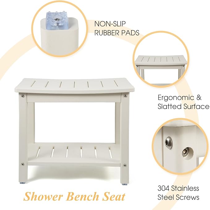 Apolimi HDPE Shower Bench, Shower Stool with Storage Shelf 2-Tier Spa Stool for Inside Shower,Water Resistant & Non-Slip Design Shower Seat (White L Size)