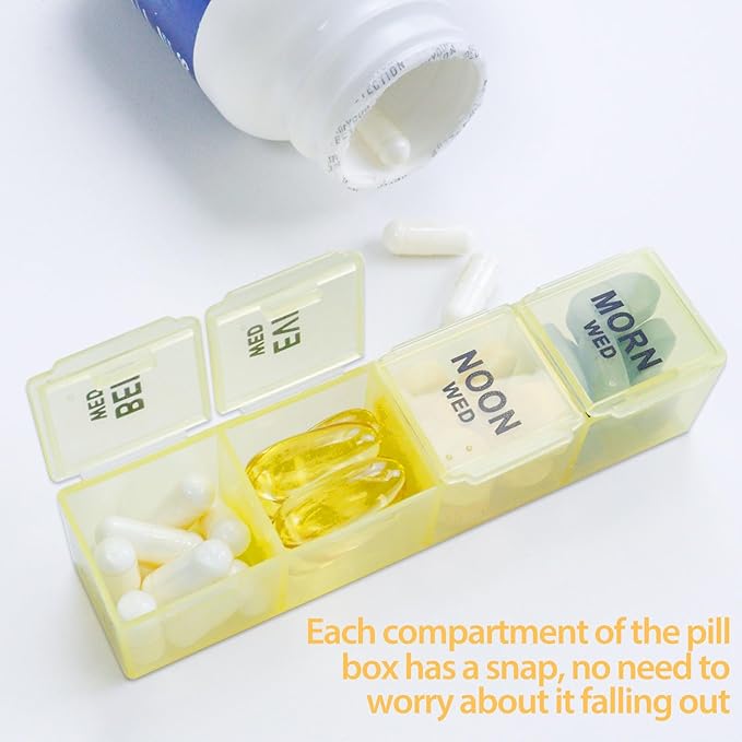 Weekly Pill Organizer 4 Times a Day, 7-Day Pill Boxes, Monthly Medication Organizer 28 Days Portable Compartments & Moisture-Proof Outer Case for Vitamins, Fish Oils, Supplements(Color)