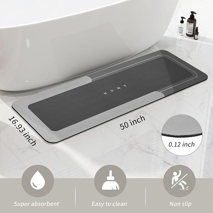 Housego Absorbent Bath Mat Magic Rug, Quick Drying Magic Bath Mat Non-Slip Floor Rug Rubber Backed for Bathroom Kitchen Shower Sink, Water Absorbent (1PC, 16.93''x50'', Dark Gray)