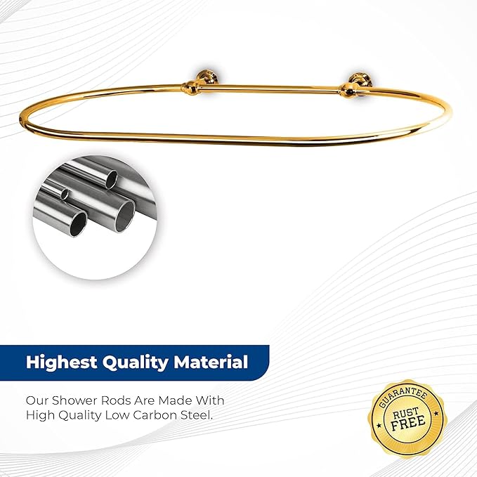 Oval Shower Curtain Rail Rod For Bathroom, Ceiling Mounted for Clawfoot Tub, Large and Heavy Duty Wall Mounted with Adjustable Support - 45 x 25 Inch (Free Curtain Rings) (Gold)