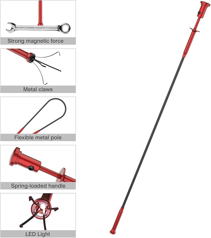 Housolution Grabber Tool Magnetic Four-claw Picker, Bendable Hose Reacher Pickup Sweeper with LED Lights, Flexible Long Handy Reaching Assist Tool for Litter Pick/Home Sink/Drain - Red