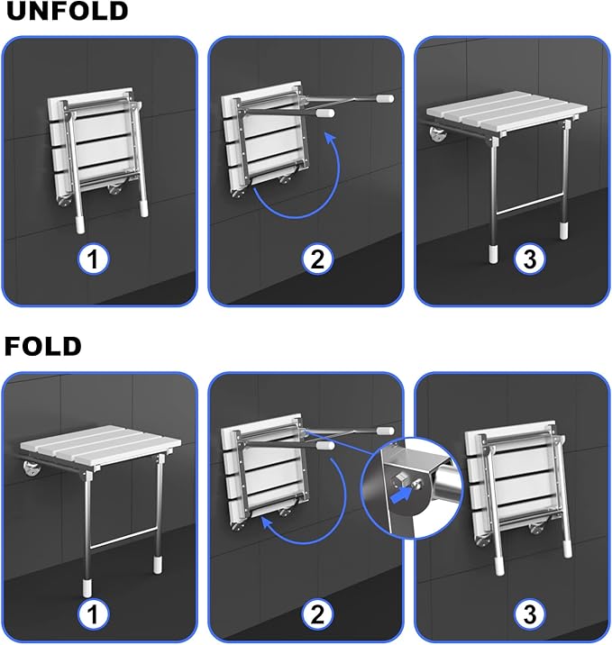 Folding Shower Seat, Wall Mounted Bathroom Safety Stool Chair with Support Legs, Foldable Wall Wood Shower Bench for Seniors (White)