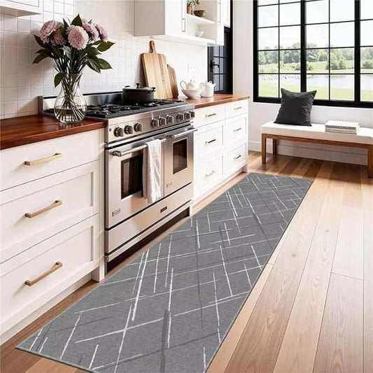 Gray Runner Rug Ultra Non-Slip 2x8 Washable Entryway Rug Modern Tear and Stain Resistance No Pile Hand-Woven Style Lightweight Runners for Hallways, Kitchen, Laundry Room, Bedside, Gray