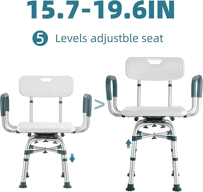 Swivel Shower Chair with Arms and Back, 500 lbs Heavy Duty Shower Stool for Inside Shower Stall and Bathtub, Height Adjustable Rotating Shower Chair & Seat for Elderly, Adults, Handicap and Disabled