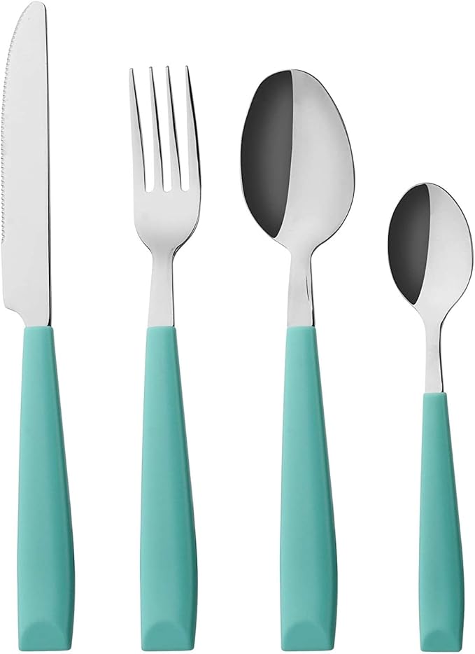 ANNOVA Silverware Set Stainless Steel Colorful Handle Tableware Kitchen Flatware Set Utensils, Includes Dinner Knives, Forks, Spoons & Dessert Spoons (Turquoise, 16 Pieces)
