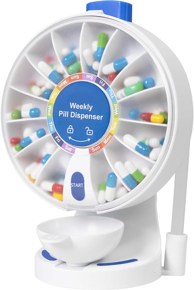 Standing Daily Pill Dispenser 14-Day Organizer - One-Touch Button with Child Lock,Weekly Pill Organizer Vitamin Medicine Case with Tweezer for Seniors, Caregivers, Adults