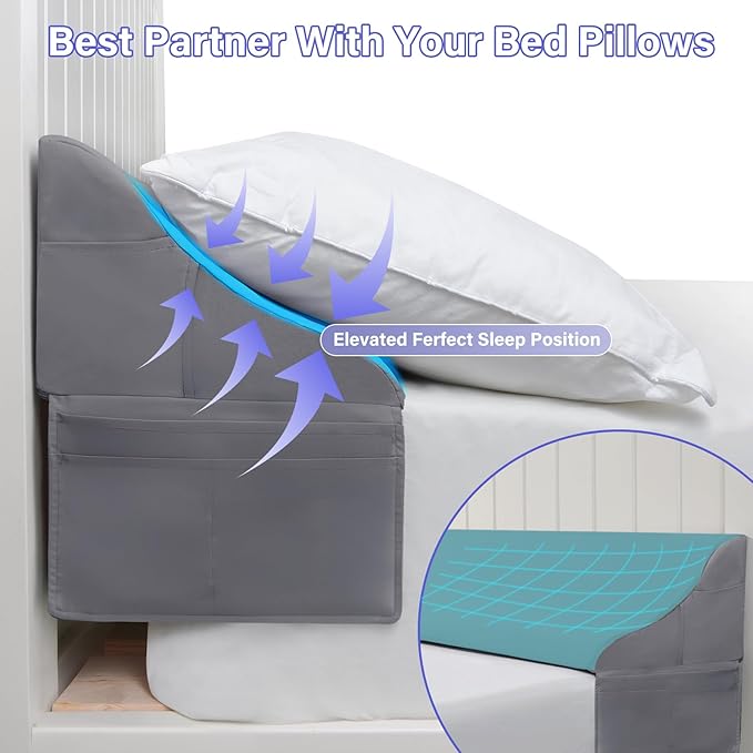Vekkia Queen Bed Wedge Pillow for Headboard Gap – 0–6" Mattress Gap Filler with Supportive Comfort Foam & Large Side Pockets – Prevents Lost Pillows & Items, Washable Cover (Gray 60"x10"x7")
