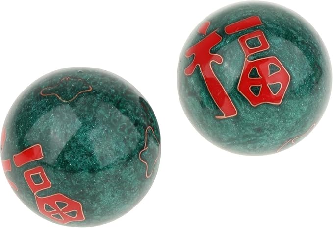 2 Pieces Hand Massage Balls, Chinese Exercise Handballs with Storage Box, Compact Relaxation, Chinese Baoding Balls, for Kids Seniors, Fu Word Green