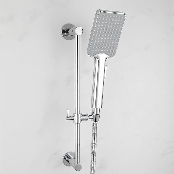 Shower Slide Bar Adjustable Handheld Shower Head Holder Wall Mount - 15inch All-Metal Shower Head Slide Bar Compatible with Bathroom Drill Free Glue Installation - Polished Chrome
