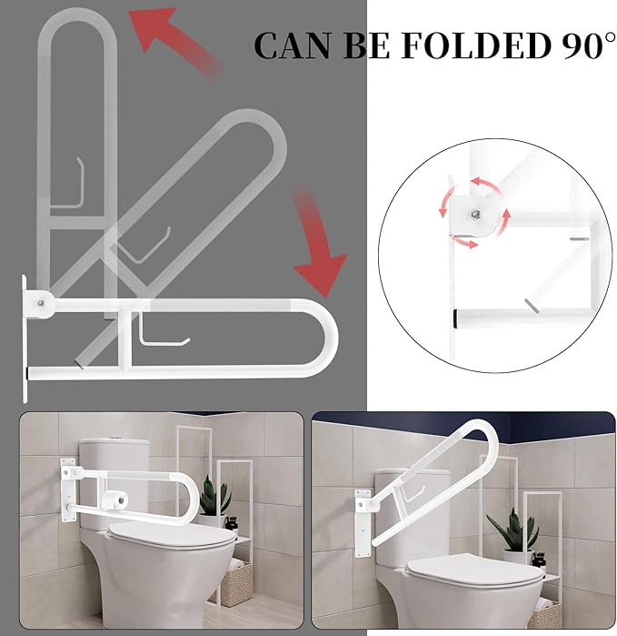 Toilet Grab Bar 30.3 Inch, YuanDe White Anti-Slip Support Rail, U Shaped Flip-Up Grab Bar with Paper Holder, Stainless Steel Knurled Handicap Safety Handrails for Disabled Elderly Pregnant