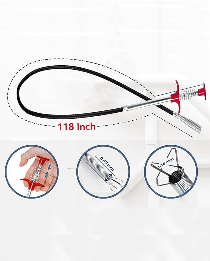 Drain Snake,118 inch Flexible Grabber Claw Pick Up Reacher Tool,Drain Clog Remover - Gutter Cleaning Tools for Home Sink, Bathroom Tub,Drain, Toilet, Tight Spaces