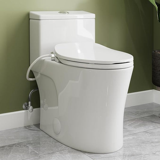 HOROW T0338W One Piece Toilet with Non-Electric Bidet Toilet Seat, Elongated ADA Chair Height Toilets with Adjustable Nozzles Seat, Powerful Dual Flush & Soft Closing Seat Include, White