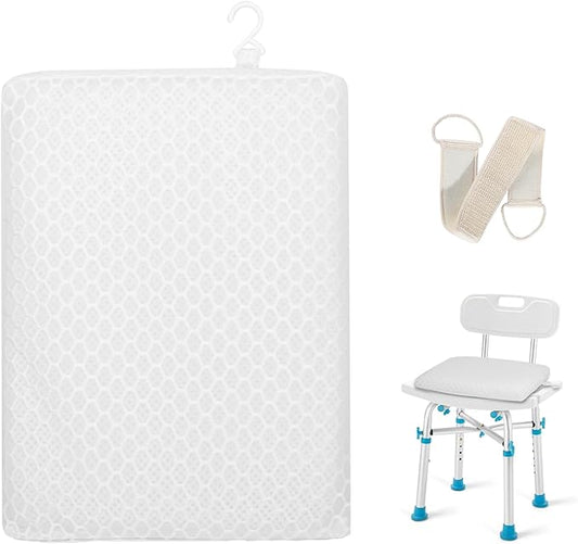 Anycosy Shower Seat Cushion for Transfer Benches,Slip-Resistant 3D Foam Mesh Bathtub Seat Cushion Mat with Hook,Quick Drying Bathtub Chair Pad for Elderly (White, Medium)