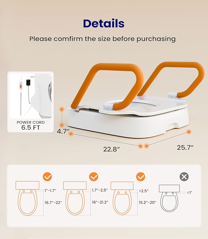 VOCIC Electric Toilet Seat Lift, Electric Raised Toilet Seat, Powered Toilet Seat Riser with Handles, Toilet Lift Seat for Elderly, Support to 330LBS, AX12