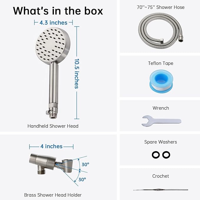 G-Promise Solid Metal Brushed Nickel Handheld Shower Head with Extra Long Stainless Steel Hose & Water Saving On/Off Pause Valve, Modern Style, 1 Setting