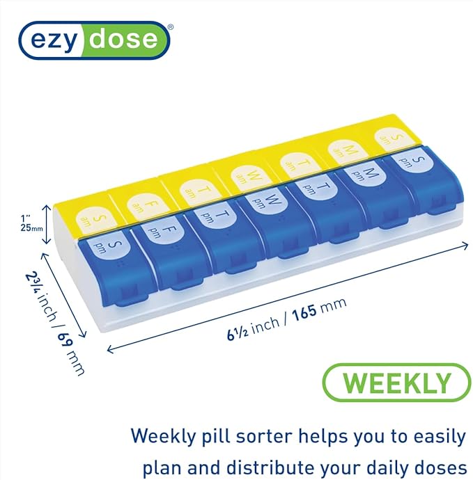 EZY DOSE Pill Organizer Weekly (7-Day), Medicine Planner, Vitamin Box, Daily Planner Case, 2 Times a Day, AM PM, Large Compartments, Easy Fill All Compartments at Once, Blue and Yellow, BPA Free