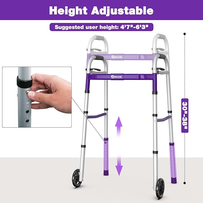 Whlicks Narrow Folding Walkers for Seniors,Aluminum Lightweight Walkers with Wheels, Adjustable Width and Height Front Wheel Walker for Elderly and Disabled, Supports up to 350 lbs
