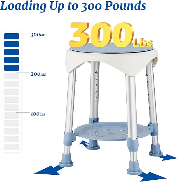 Shower Stool Chair for Inside Shower, Upgrade Small Corner Plastic Stool for Seniors Adult, 360° Swivel Shower Seat Stool for Bathroom, 6-Level Adjustable Height Bath Chair with Shelf