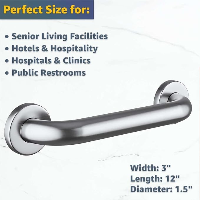 12″ Stainless Steel Grab Bar for Elderly - Wall-Mounted Safety Handle for Toilet, Shower & Restroom, 250 lb Capacity, Satin Finish, Durable Bathroom Rail for Home & Commercial Use