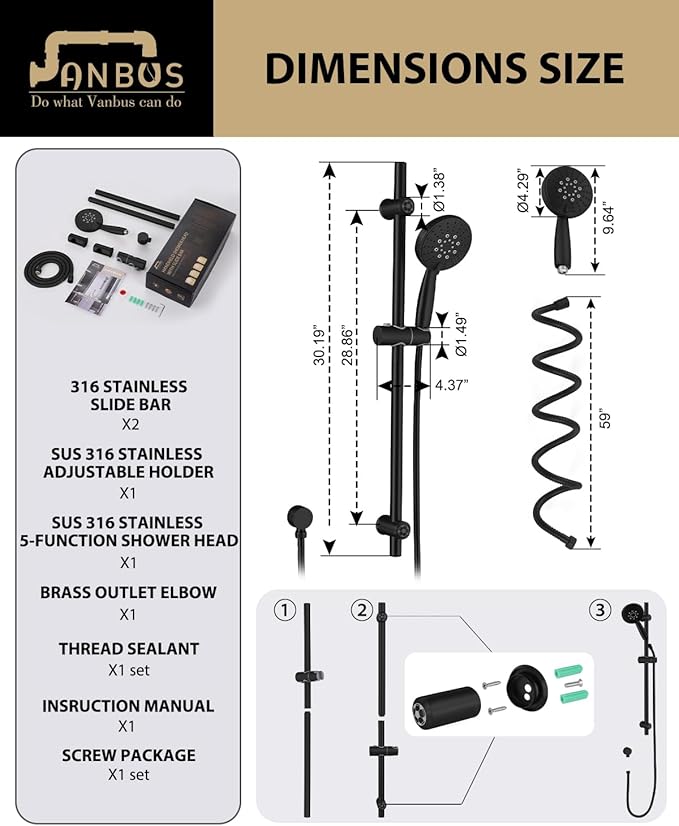 All Metal Handheld Shower Head with Adjustable 30-Inch Shower Slide Bar and 59-Inch Hose, 5-Function 3.2GPM High Pressure Handheld Shower Head with Drop Ell and Holder, Matte Black