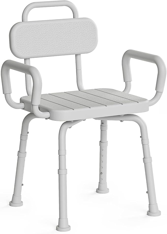 Loyoda 360° Swivel Shower Chair for Inside Shower, Removable Arms & Back, Adjustable Height Rotating Shower Stool for Seniors and Disabled，Swivel Bath Chair for Inside Tub，Neutral Gray