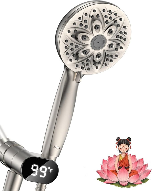 Handheld Showerheads with LED Display Temperature - JDO High Flow Showerhead with 6 Different Shower Modes - High Pressure even at Low Water Pressure - for Pet Bathing and Baby Care