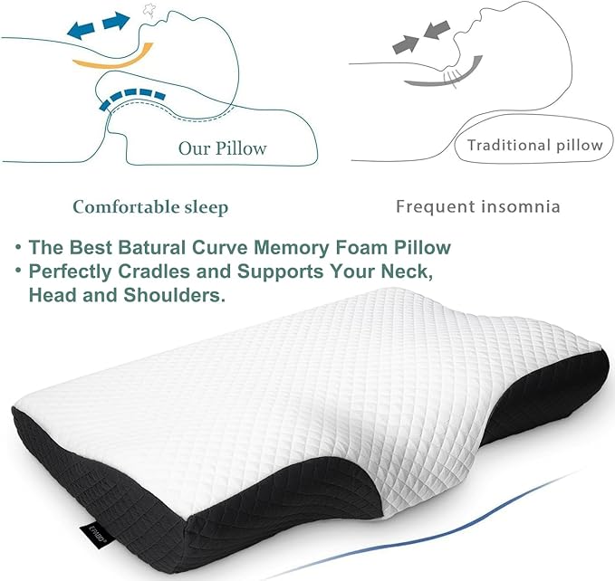 EPABO Contour Memory Foam Pillow Orthopedic Sleeping Pillows, Ergonomic Cervical Pillow for Neck Pain - for Side Sleepers, Back and Stomach Sleepers, Free Pillowcase Included (Firm & Queen)