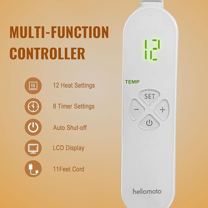 HELLOMOTO Heating Pad for Pain Relief, Electric Heating Pad for Back Pain and Cramps Relief -12 Heat Settings with Auto Off, Support Dry & Moist Heat, Machine Washable, Size 12 Inch x 24 Inch,-OW01