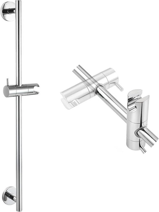 SKOWLL Chrome Shower Slide Bar 26-Inch Bathroom Shower Head Holder Bar with Adjustable Handheld Shower Holder, Wall Mount Shower Slide Bar No Drill