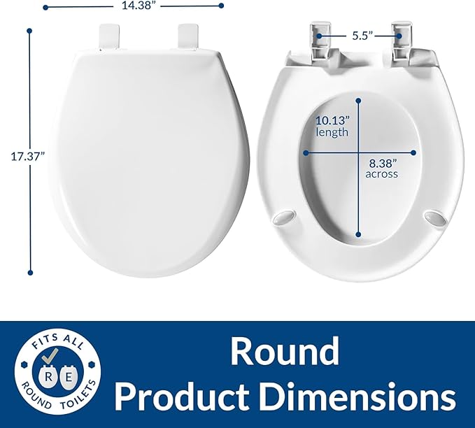 Mayfair Aurora Slow Close Toilet Seat, Easy Clean Hinges and Adjustable Perfect Fit Plastic Seat, Round, White